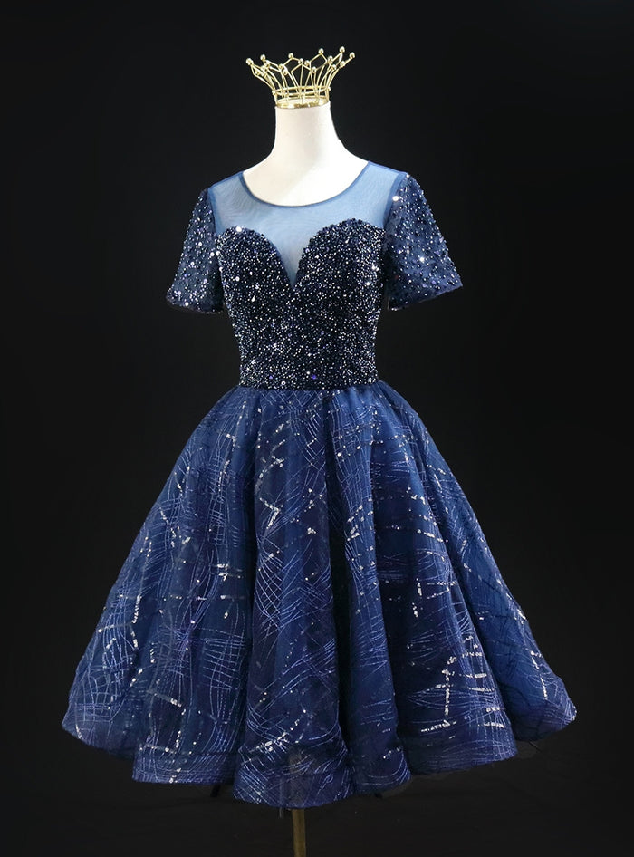 Navy Blue Sequins Short Sleeve Homecoming Dress