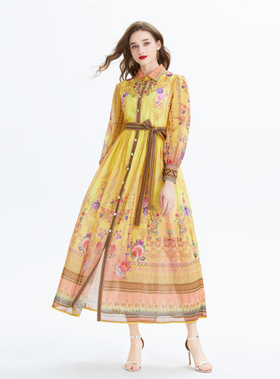 Retro Breasted Slim Printed Chiffon Dress