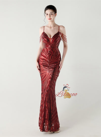 Mermaid Sequins Spaghetti Straps Beading Prom Dress