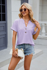 Solid Color V-neck Button Short Sleeve T-shirt