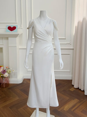 White Straps Pearls Prom Dress