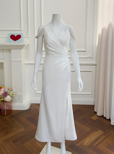 White Straps Pearls Prom Dress