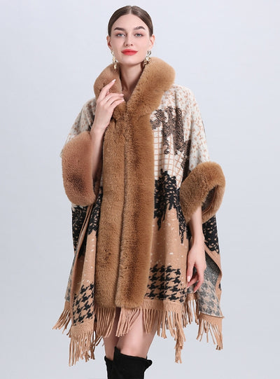 Hooded Shawl Cloak Jacquard Knit Cardigan Coat