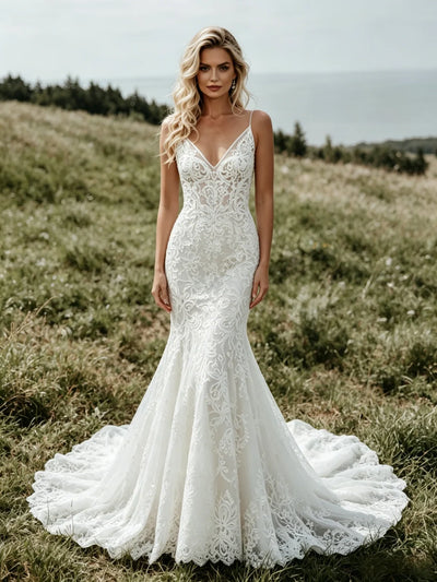 White Mermaid Lace Spaghetti Straps Wedding Dress