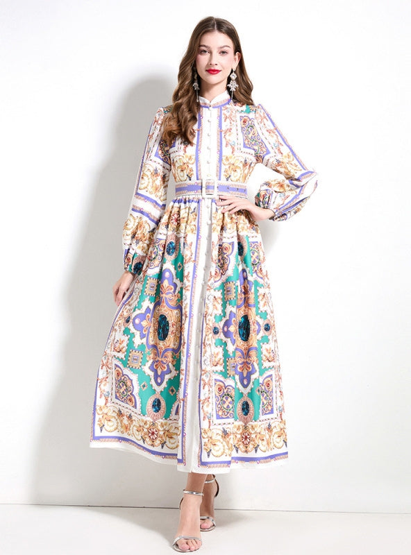 Shirt Breasted Slim Long Printed Dress