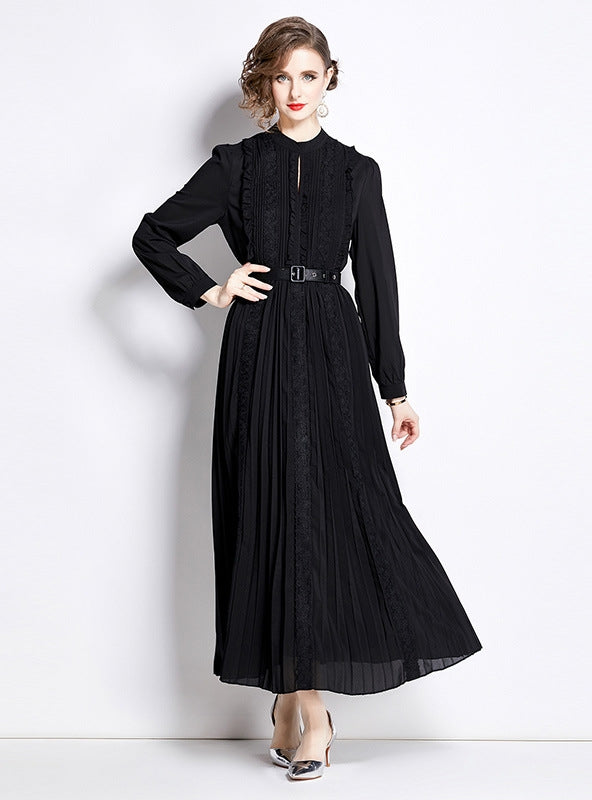 Belt Lace Long Round Neck Long Sleeve Dress