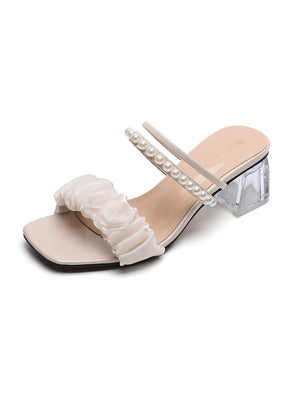 Mesh Pearl Transparent Thick Heel Slippers