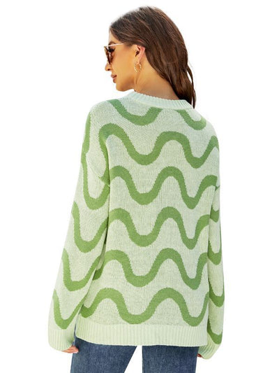 Loose Round Neck Wavy Jacquard Contrast Sweater