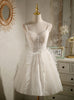 White Tulle Lace Spaghetti Straps Button Homecoming Dress