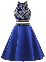 Royal Blue Two Piece Satin Beading Homecoming Dress