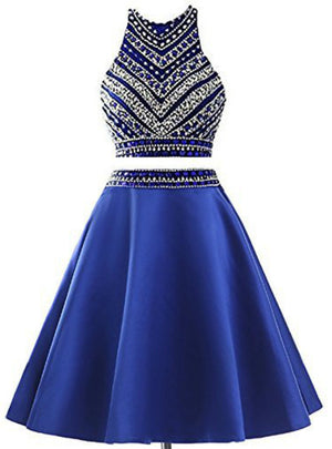 Royal Blue Two Piece Satin Beading Homecoming Dress