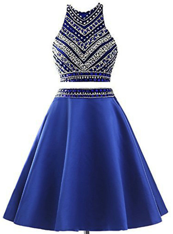 Royal Blue Two Piece Satin Beading Homecoming Dress