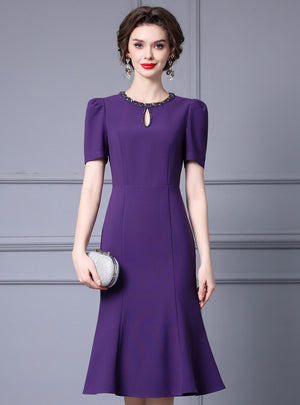 Purple Short Sleeve Beading Mother Of The Bride Dress