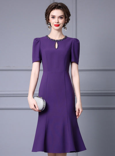 Purple Short Sleeve Beading Mother Of The Bride Dress