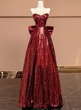 Burgundy Sequins Strapless Bow Prom Dress
