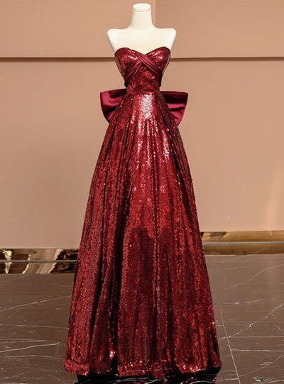 Burgundy Sequins Strapless Bow Prom Dress