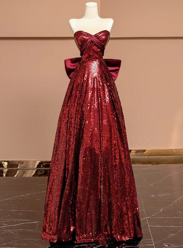 Burgundy Sequins Strapless Bow Prom Dress
