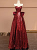 Burgundy Sequins Strapless Bow Prom Dress