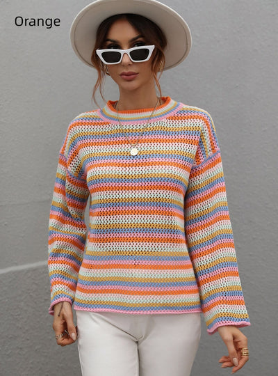 Spliced Loose Round Neck Striped Sweater