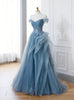 Blue Tulle Pleats Appliques Prom Dress