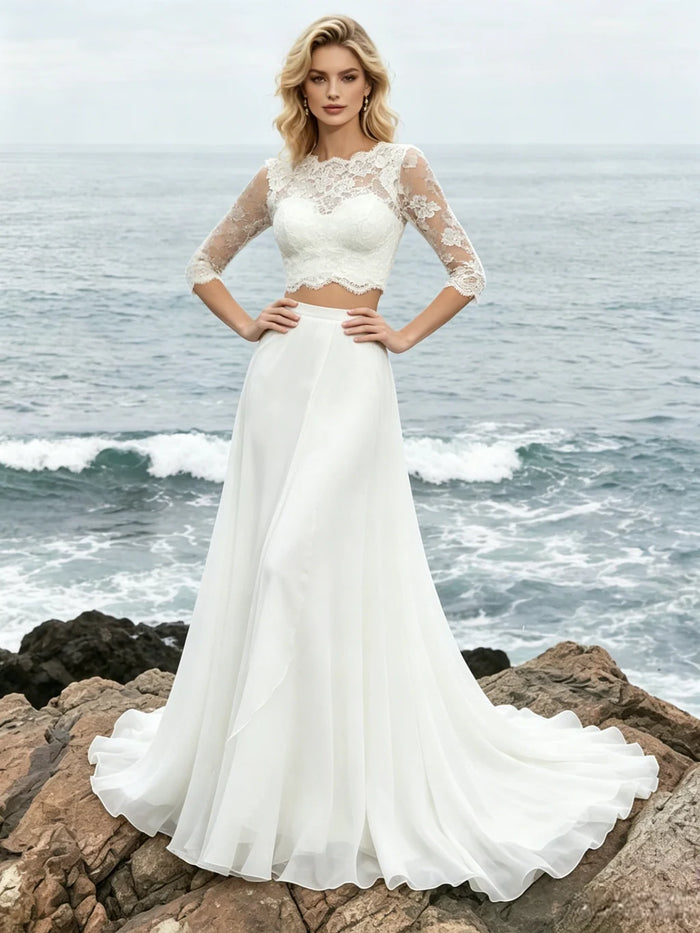 White Two PIece Short Sleeve Lace Wedding Dress