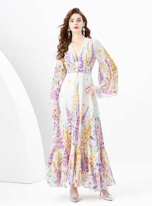 Horn Sleeve Button Chiffon Ruffled Dress