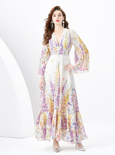 Horn Sleeve Button Chiffon Ruffled Dress