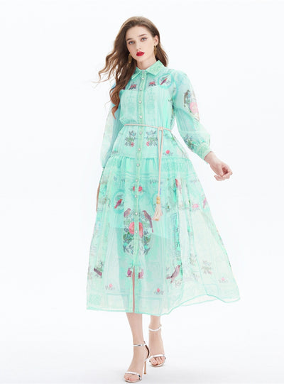 Retro Long Sleeve Lapel Printed Shirt Dress