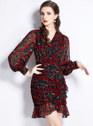 Long Sleeve V-neck Printed Chiffon Dress