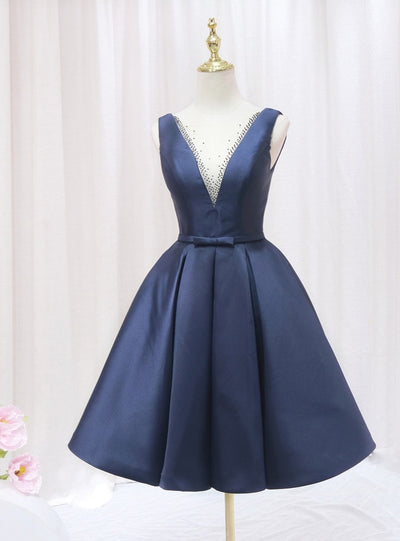 Navy Blue Satin Homecoming Dress
