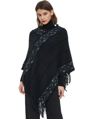 Striped Solid Color Tassel Knitted Cloak Shawl