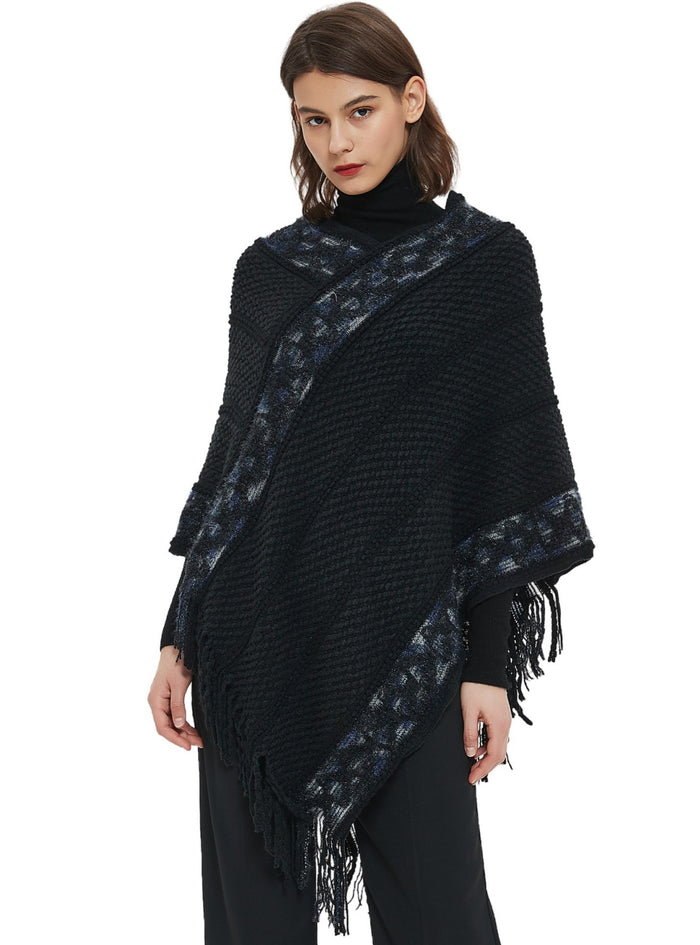 Striped Solid Color Tassel Knitted Cloak Shawl