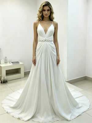 White Chiffon Pleats Straps Wedding Dress