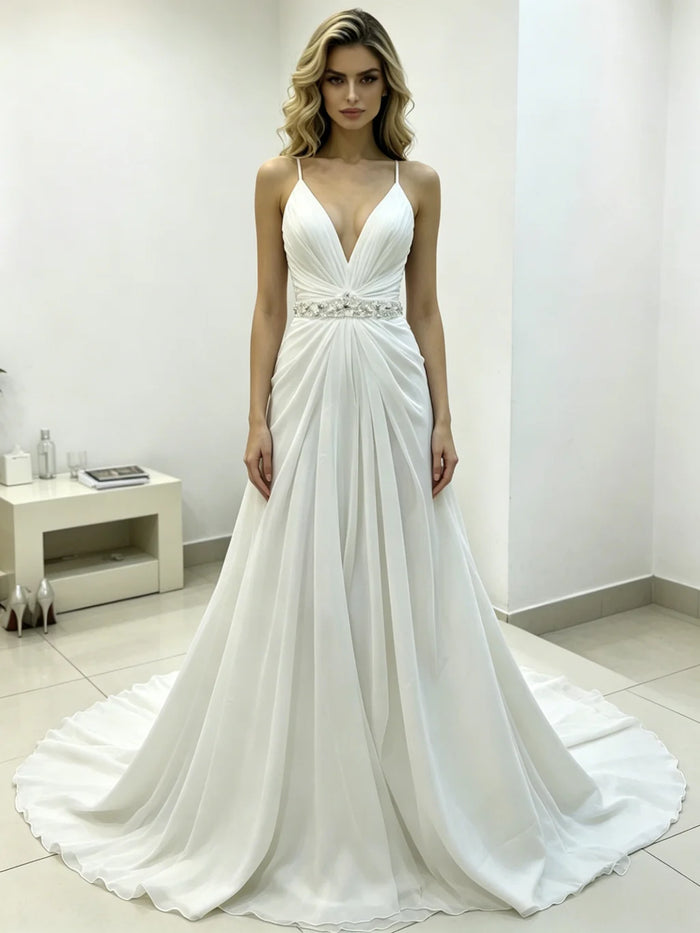 White Chiffon Pleats Straps Wedding Dress