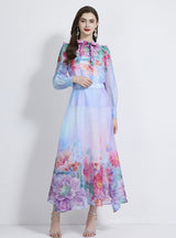 Bow Oil Painting Printed Shirt Skirt Three Suit Set