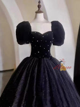 Black Tulle Velvet Puff Sleeve Prom Dress