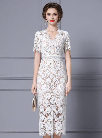 White Lace V-neck Beading Mother Of The Bride Dress