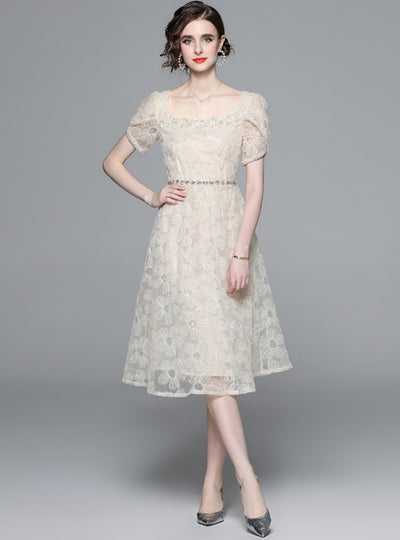 Square Neck Short Sleeve Gauze Dress