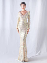 Mermaid V-neck Long Sleeve Sequins Prom Dress