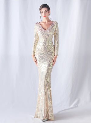 Mermaid V-neck Long Sleeve Sequins Prom Dress