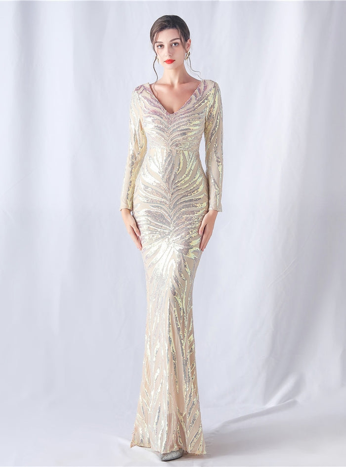 Mermaid V-neck Long Sleeve Sequins Prom Dress