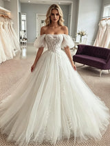 White Tulle Appliques Off the Shoulder Wedding Dress