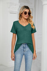 Thin V-neck Pleated Casual T-shirt