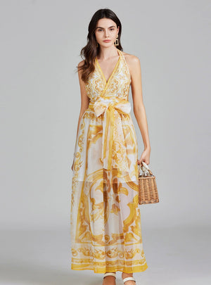 Open-back V-neck Chiffon Printed Dress