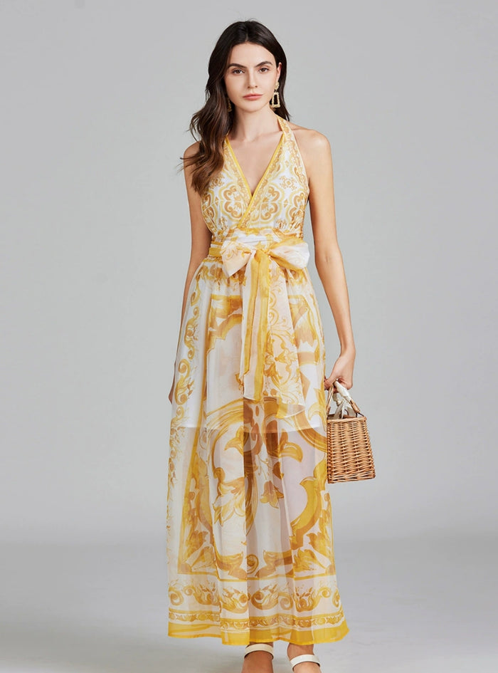 Open-back V-neck Chiffon Printed Dress