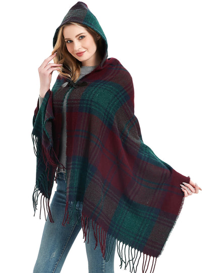 Checked Horn Buckle Hooded Shawl Cloak