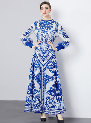 Ethnic Blue and White Porcelain Printed Pleated Dress