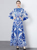 Ethnic Blue and White Porcelain Printed Pleated Dress