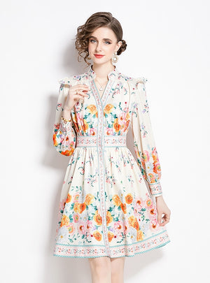 Vintage Printed V-neck Lantern Sleeve Slim Dress