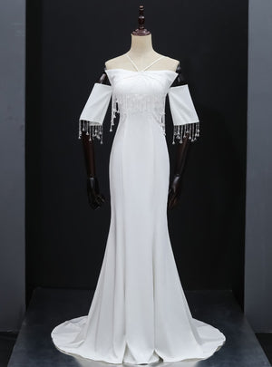 White Mermaid Halter Beading Prom Dress